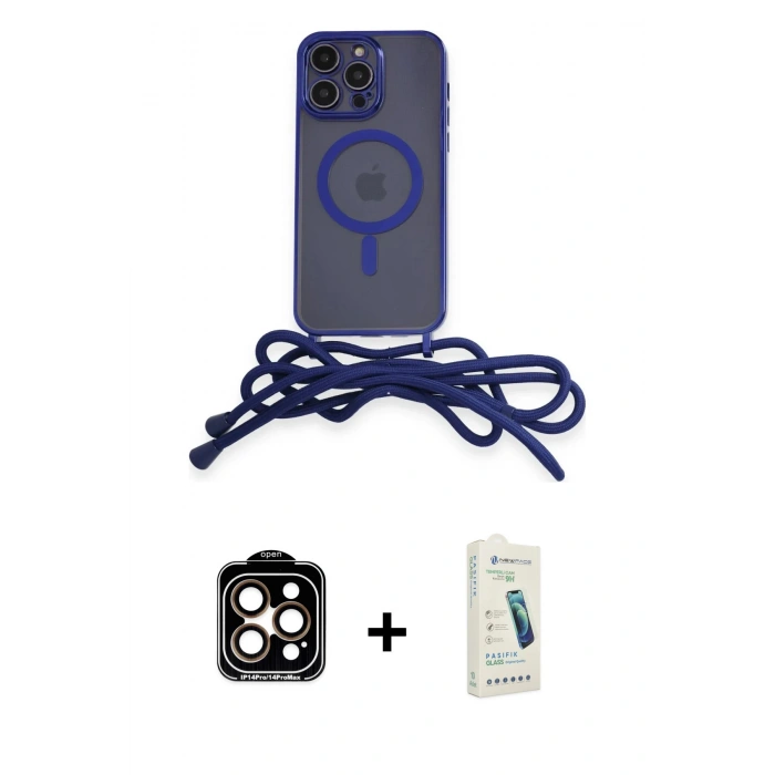 MARSİLYAN™- iPhone 14 Pro Max Kılıf Eksen Özel Seri - Şeffaf Pasifik Cam Ekran Koruyucu + PVD Metal Kamera Lens - TU