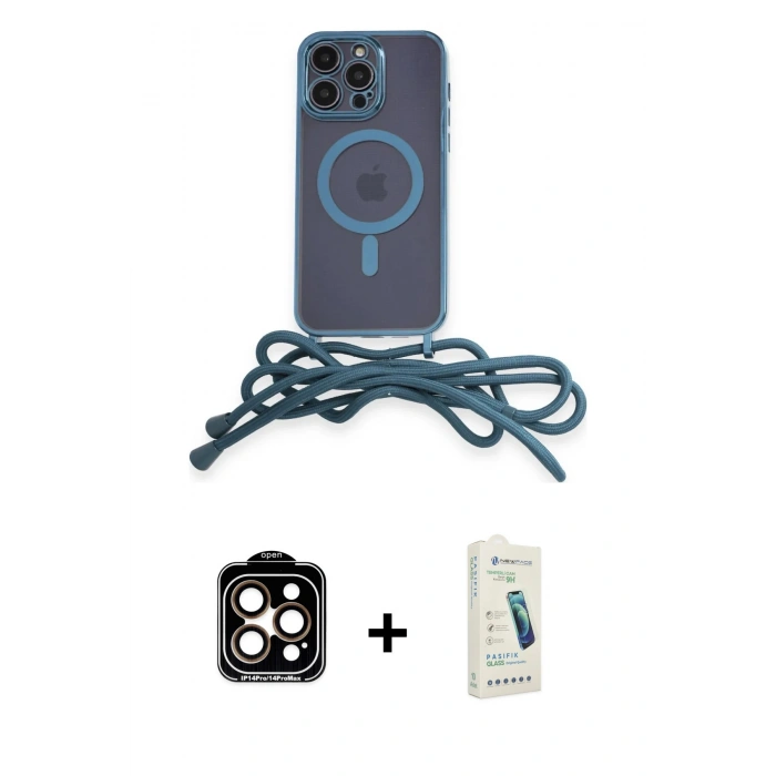 MARSİLYAN™- iPhone 14 Pro Max Kılıf Eksen Özel Seri - Şeffaf Pasifik Cam Ekran Koruyucu + PVD Metal Kamera Lens - TU