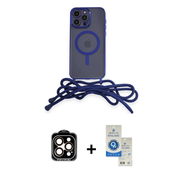 MARSİLYAN™- iPhone 14 Pro Max Kılıf Eksen Özel Seri - Şeffaf Royal Nano Ekran Koruyucu + PVD Metal Kamera Lens - TU