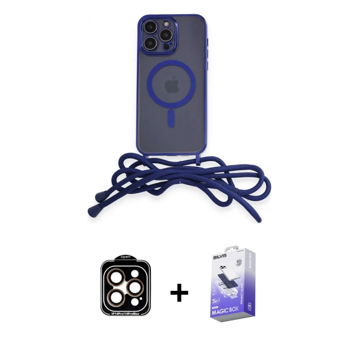 MARSİLYAN™- iPhone 14 Pro Max Kılıf Eksen Özel Seri - Siyah Bilvis 5in1 5D Magic Hayalet Cam Ekran Koruyucu + PVD Metal Kamera Lens - TU