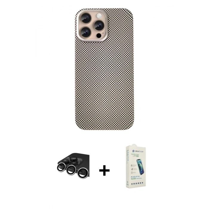 MARSİLYAN™- iPhone 14 Pro Max Kılıf Eksen Prime - Şeffaf Pasifik Cam Ekran Koruyucu + Gümüş Raze Metal Kamera Lens