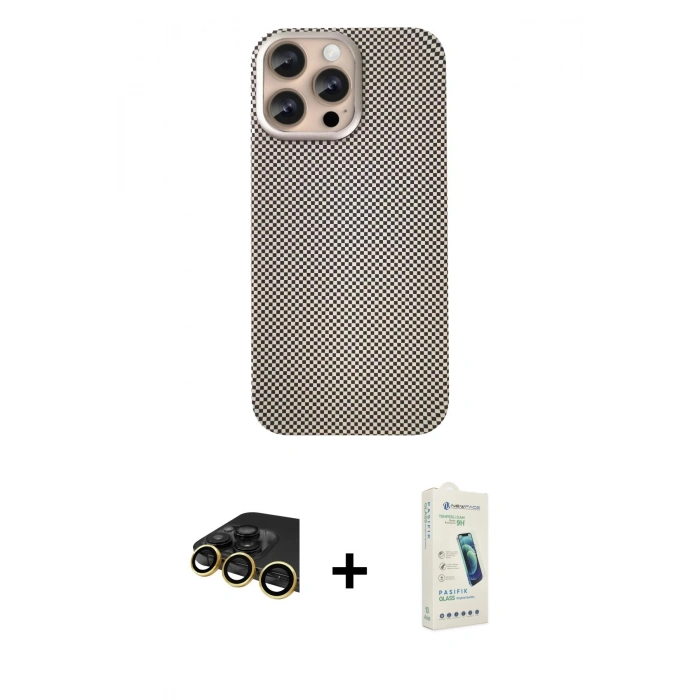 MARSİLYAN™- iPhone 14 Pro Max Kılıf Eksen Prime - Şeffaf Pasifik Cam Ekran Koruyucu + Raze Metal Kamera Lens - GD