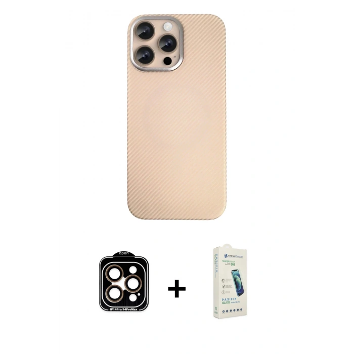 MARSİLYAN™- iPhone 14 Pro Max Kılıf Eksen Prime - Şeffaf Pasifik Cam Ekran Koruyucu + Turuncu PVD Metal Kamera Lens