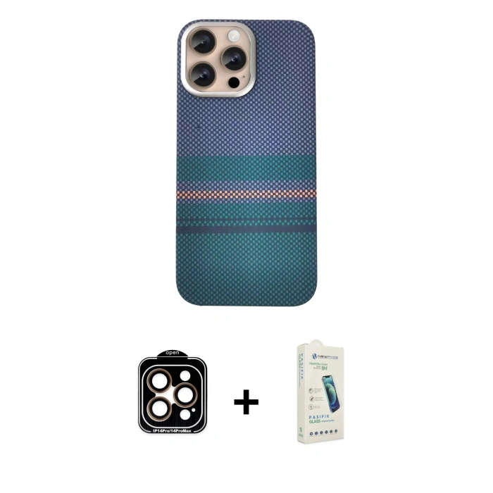 MARSİLYAN™- iPhone 14 Pro Max Kılıf Eksen Prime - Şeffaf Pasifik Cam Ekran Koruyucu + Turuncu PVD Metal Kamera Lens