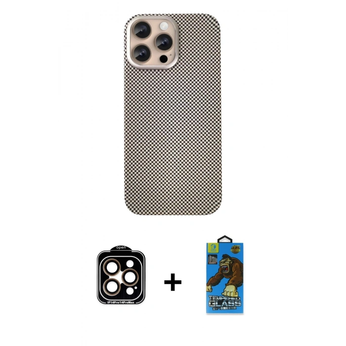 MARSİLYAN™- iPhone 14 Pro Max Kılıf Eksen Prime - Siyah 18D Cam Ekran Koruyucu + PVD Metal Kamera Lens - TU