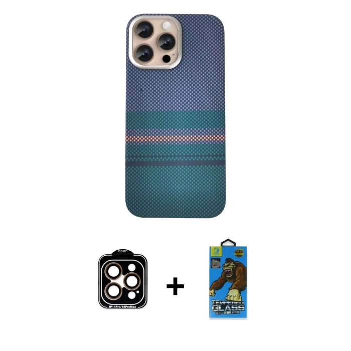 MARSİLYAN™- iPhone 14 Pro Max Kılıf Eksen Prime - Siyah 18D Cam Ekran Koruyucu + PVD Metal Kamera Lens - TU