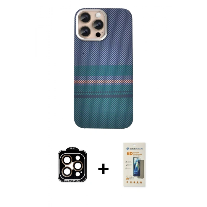 MARSİLYAN™- iPhone 14 Pro Max Kılıf Eksen Prime - Siyah 6D Mat Seramik Hayalet Nano Ekran Koruyucu + PVD Metal Kamera Lens - TU