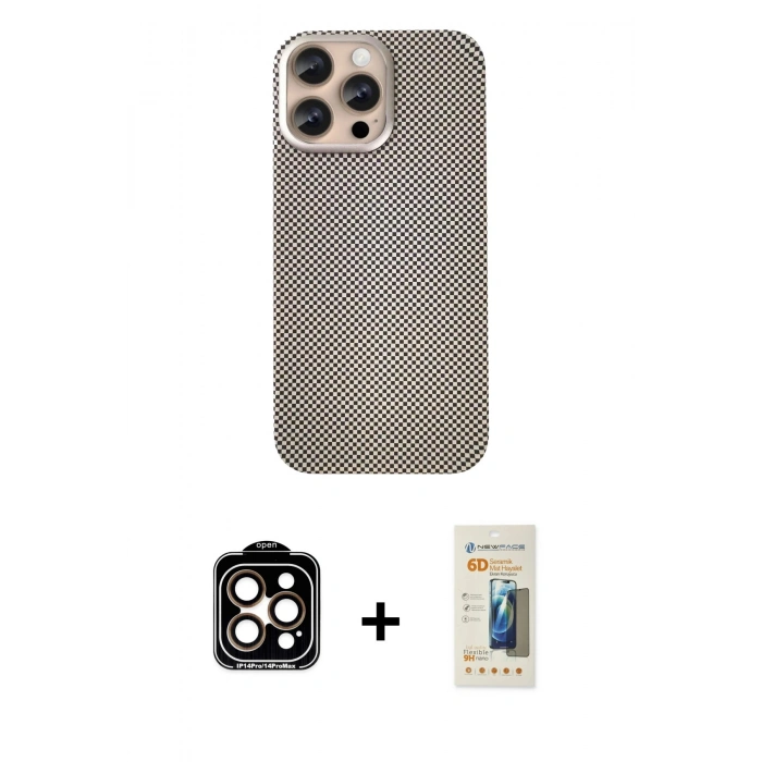 MARSİLYAN™- iPhone 14 Pro Max Kılıf Eksen Prime - Siyah 6D Mat Seramik Hayalet Nano Ekran Koruyucu + PVD Metal Kamera Lens - TU