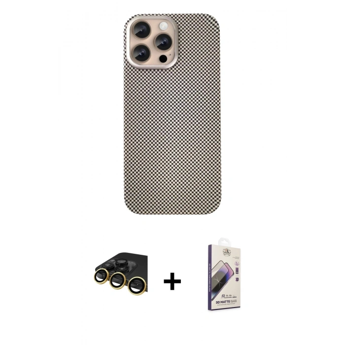 MARSİLYAN™- iPhone 14 Pro Max Kılıf Eksen Prime - Siyah Bilvis 3D Mat Cam Ekran Koruyucu + Raze Metal Kamera Lens - GD