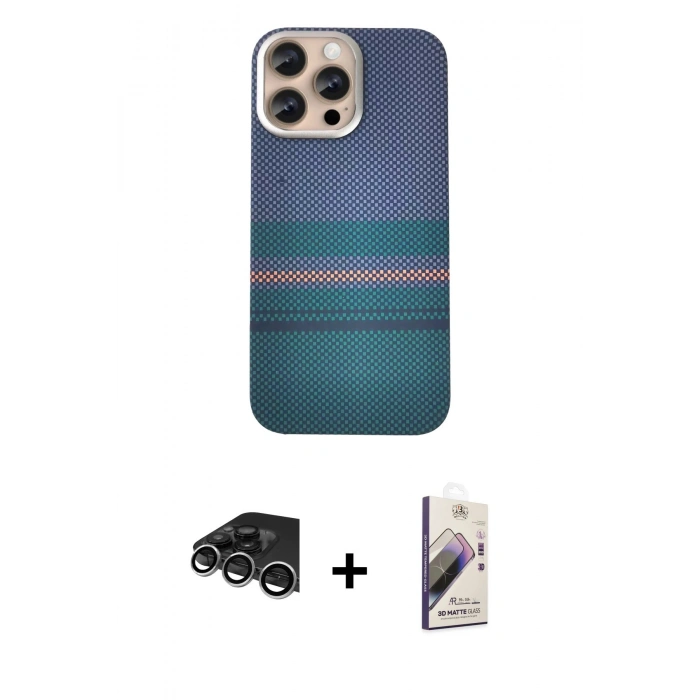 MARSİLYAN™- iPhone 14 Pro Max Kılıf Eksen Prime - Siyah Bilvis 3D Mat Cam Ekran Koruyucu + Raze Metal Kamera Lens - GS