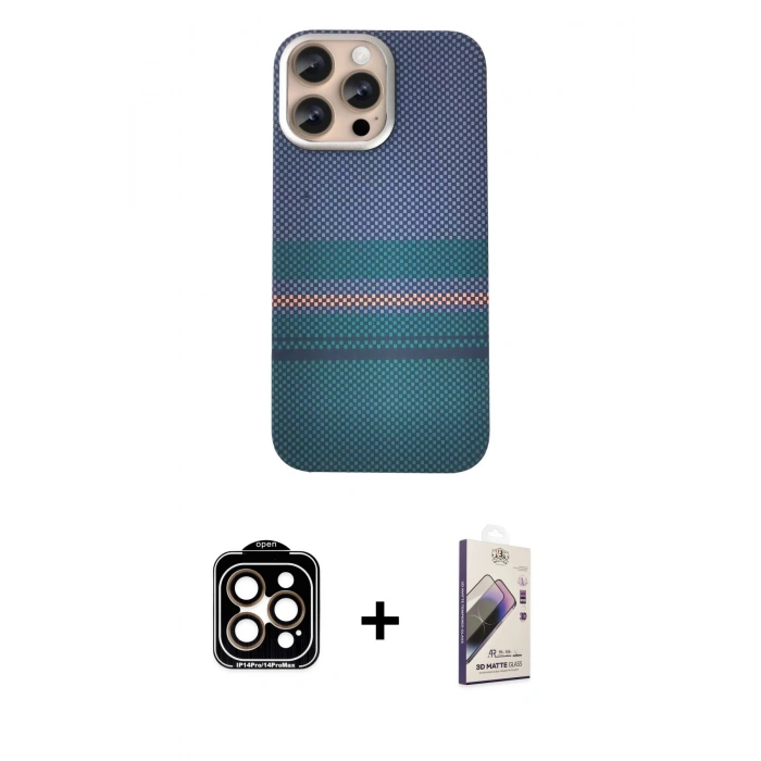 MARSİLYAN™- iPhone 14 Pro Max Kılıf Eksen Prime - Siyah Bilvis 3D Mat Cam Ekran Koruyucu + PVD Metal Kamera Lens - TU