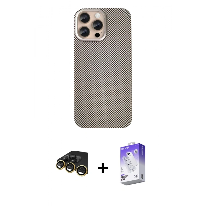 MARSİLYAN™- iPhone 14 Pro Max Kılıf Eksen Prime - Siyah Bilvis 5in1 3D Magic Cam Ekran Koruyucu + Raze Metal Kamera Lens - GD