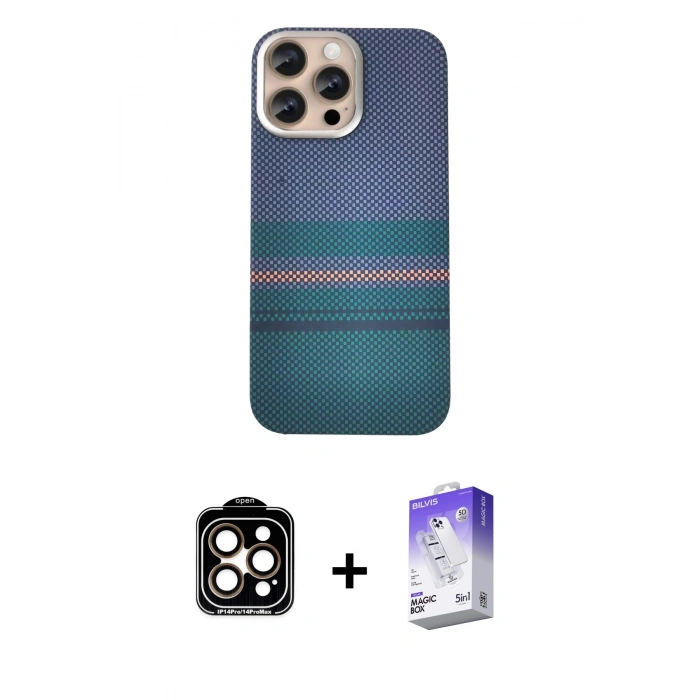 MARSİLYAN™- iPhone 14 Pro Max Kılıf Eksen Prime - Siyah Bilvis 5in1 3D Magic Cam Ekran Koruyucu + PVD Metal Kamera Lens - TU