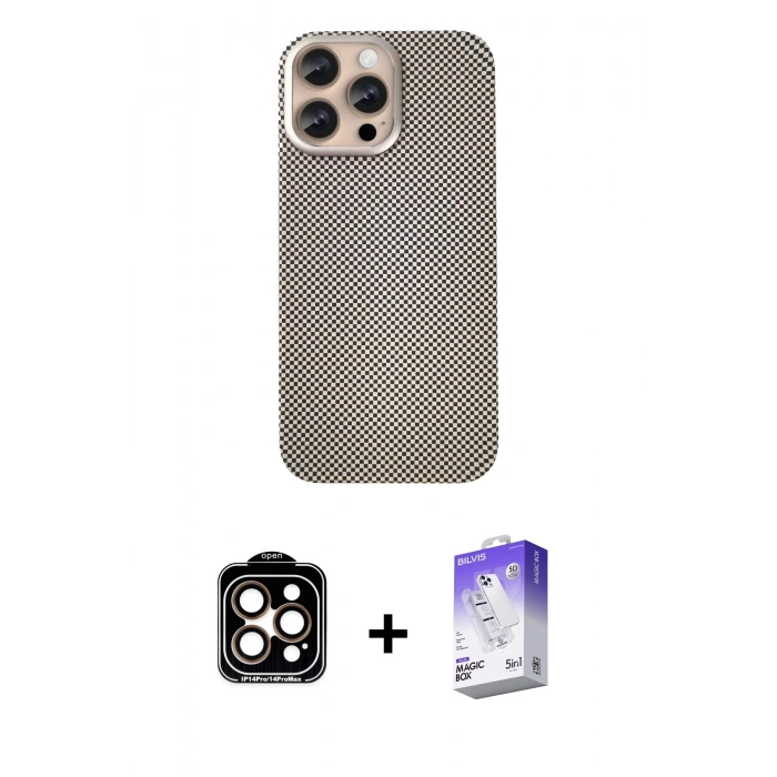 MARSİLYAN™- iPhone 14 Pro Max Kılıf Eksen Prime - Siyah Bilvis 5in1 3D Magic Cam Ekran Koruyucu + PVD Metal Kamera Lens - TU