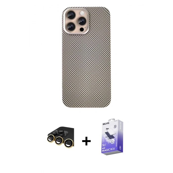 MARSİLYAN™- iPhone 14 Pro Max Kılıf Eksen Prime - Siyah Bilvis 5in1 5D Magic Hayalet Cam Ekran Koruyucu + Raze Metal Kamera Lens - GD
