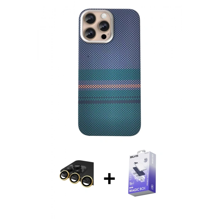 MARSİLYAN™- iPhone 14 Pro Max Kılıf Eksen Prime - Siyah Bilvis 5in1 5D Magic Hayalet Cam Ekran Koruyucu + Raze Metal Kamera Lens - GD