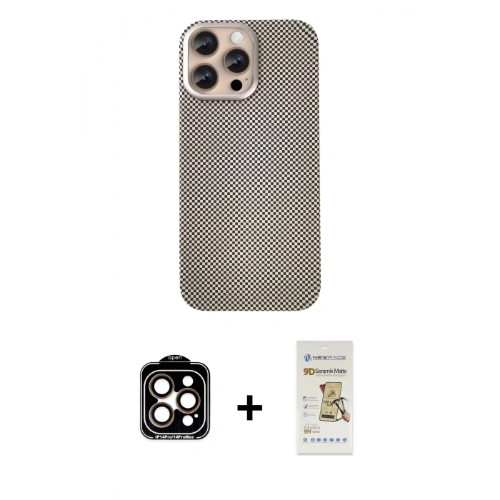 MARSİLYAN™- iPhone 14 Pro Max Kılıf Eksen Prime - Siyah Mat Seramik Nano Ekran Koruyucu + Turuncu PVD Metal Kamera Lens