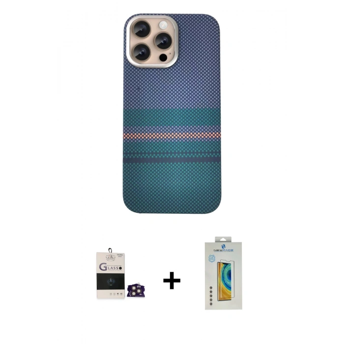 MARSİLYAN™- iPhone 14 Pro Max Kılıf Eksen Prime - Siyah Polymer Nano Ekran Koruyucu + Gold Bilvis Titan Kamera Lens