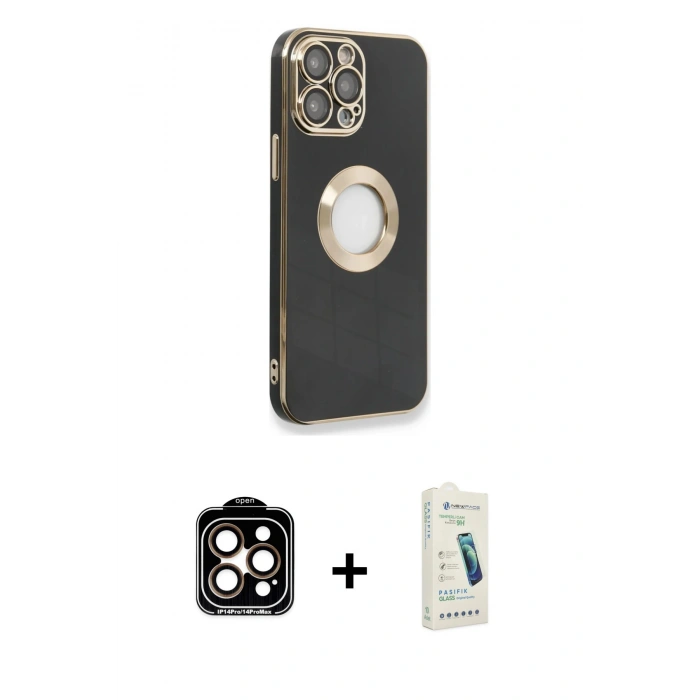 MARSİLYAN™- iPhone 14 Pro Max Kılıf İz Form Serisi - Şeffaf Pasifik Cam Ekran Koruyucu + PVD Metal Kamera Lens - TU