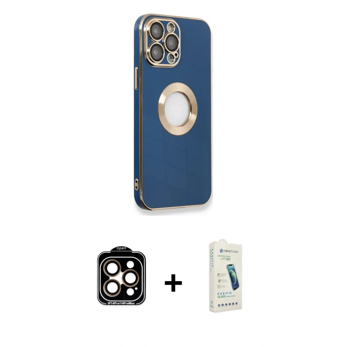 MARSİLYAN™- iPhone 14 Pro Max Kılıf İz Form Serisi - Şeffaf Pasifik Cam Ekran Koruyucu + PVD Metal Kamera Lens - TU