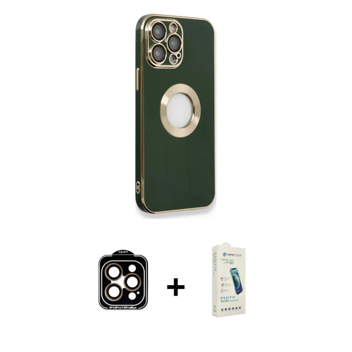 MARSİLYAN™- iPhone 14 Pro Max Kılıf İz Form Serisi - Şeffaf Pasifik Cam Ekran Koruyucu + PVD Metal Kamera Lens - TU