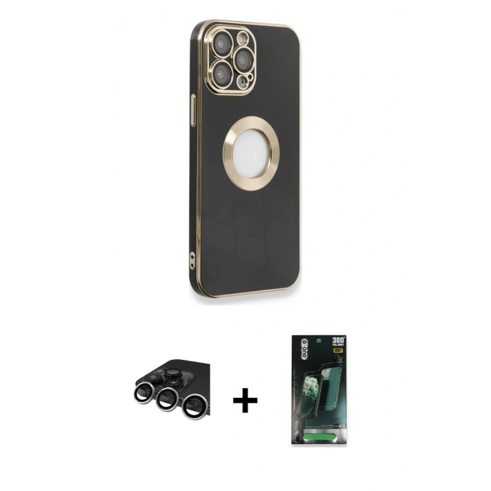 MARSİLYAN™- iPhone 14 Pro Max Kılıf İz Form Serisi - Siyah 360 Mat Full Body Arka Koruyucu + Raze Metal Kamera Lens - GS
