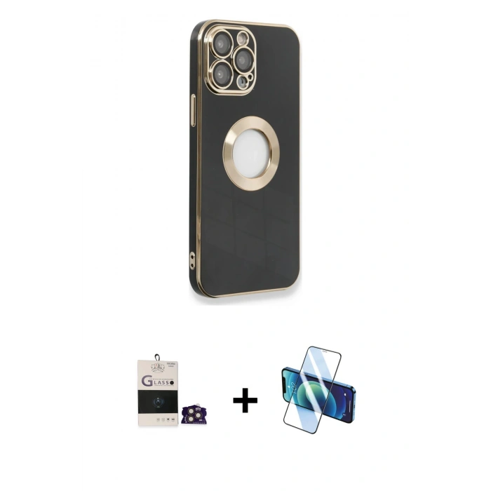 MARSİLYAN™- iPhone 14 Pro Max Kılıf İz Form Serisi - Siyah 3D Antistatik Cam Ekran Koruyucu + Gold Bilvis Titan Kamera Lens