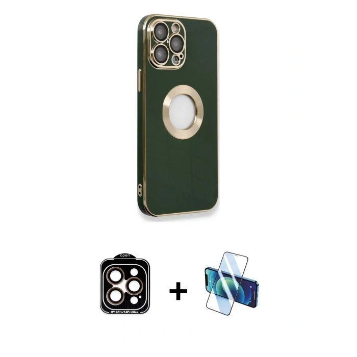 MARSİLYAN™- iPhone 14 Pro Max Kılıf İz Form Serisi - Siyah 3D Antistatik Cam Ekran Koruyucu + PVD Metal Kamera Lens - TU