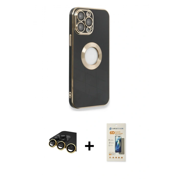 MARSİLYAN™- iPhone 14 Pro Max Kılıf İz Form Serisi - Siyah 6D Mat Seramik Hayalet Nano Ekran Koruyucu + Raze Metal Kamera Lens - GD
