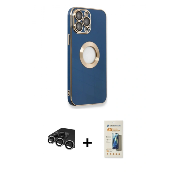 MARSİLYAN™- iPhone 14 Pro Max Kılıf İz Form Serisi - Siyah 6D Mat Seramik Hayalet Nano Ekran Koruyucu + Gümüş Raze Metal Kamera Lens