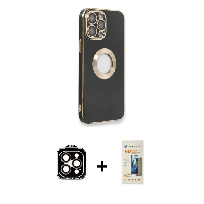 MARSİLYAN™- iPhone 14 Pro Max Kılıf İz Form Serisi - Siyah 6D Mat Seramik Hayalet Nano Ekran Koruyucu + PVD Metal Kamera Lens - TU