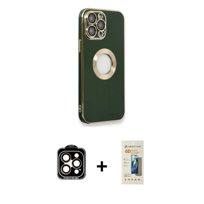 MARSİLYAN™- iPhone 14 Pro Max Kılıf İz Form Serisi - Siyah 6D Mat Seramik Hayalet Nano Ekran Koruyucu + PVD Metal Kamera Lens - TU