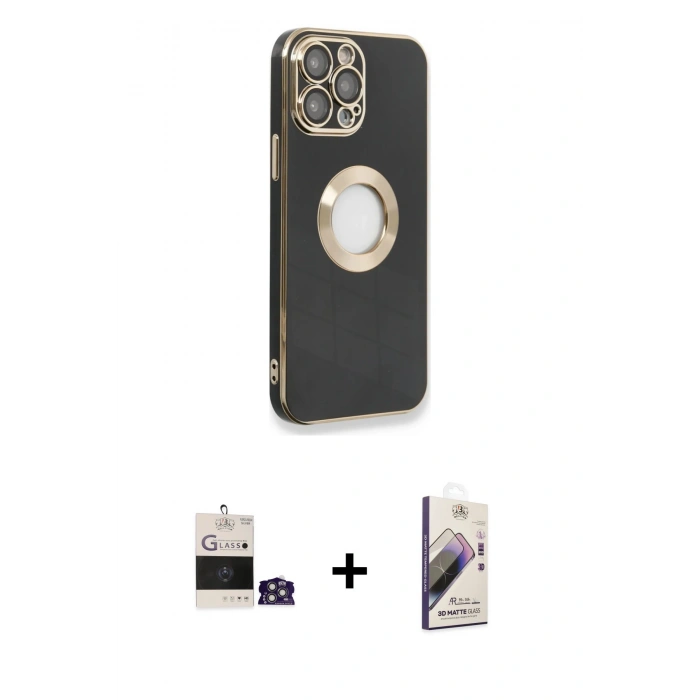 MARSİLYAN™- iPhone 14 Pro Max Kılıf İz Form Serisi - Siyah Bilvis 3D Mat Cam Ekran Koruyucu + Bilvis Titan Kamera Lens - GS
