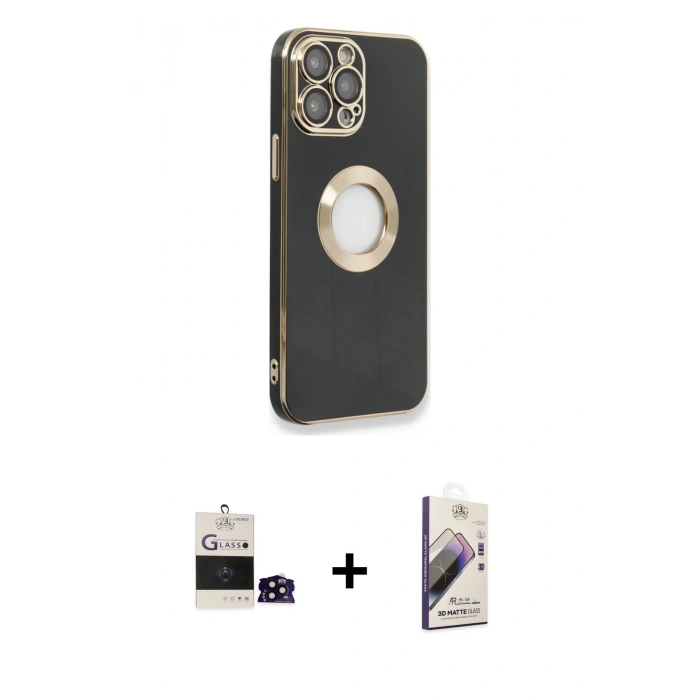 MARSİLYAN™- iPhone 14 Pro Max Kılıf İz Form Serisi - Siyah Bilvis 3D Mat Cam Ekran Koruyucu + Bilvis Titan Kamera Lens - SH