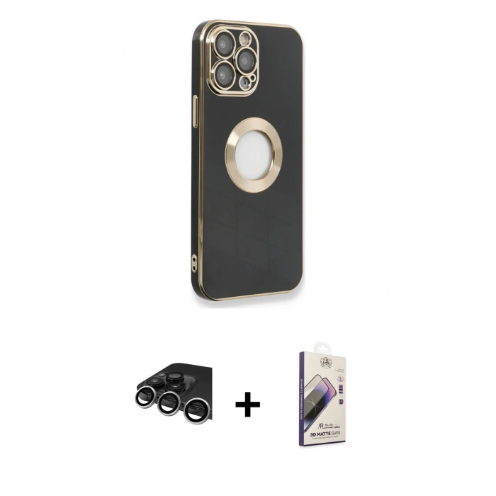 MARSİLYAN™- iPhone 14 Pro Max Kılıf İz Form Serisi - Siyah Bilvis 3D Mat Cam Ekran Koruyucu + Raze Metal Kamera Lens - GS