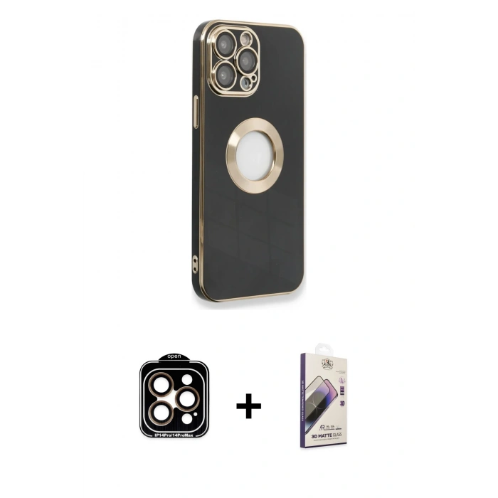 MARSİLYAN™- iPhone 14 Pro Max Kılıf İz Form Serisi - Siyah Bilvis 3D Mat Cam Ekran Koruyucu + PVD Metal Kamera Lens - TU