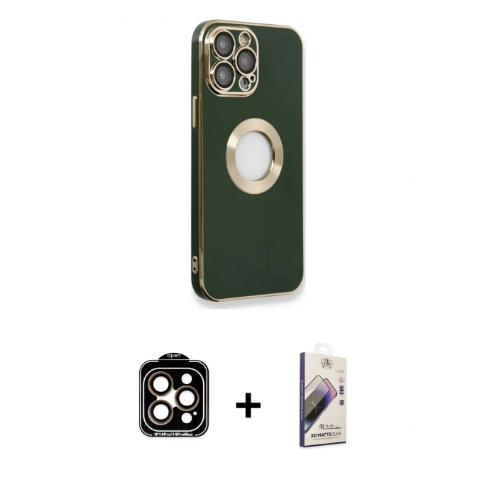 MARSİLYAN™- iPhone 14 Pro Max Kılıf İz Form Serisi - Siyah Bilvis 3D Mat Cam Ekran Koruyucu + PVD Metal Kamera Lens - TU