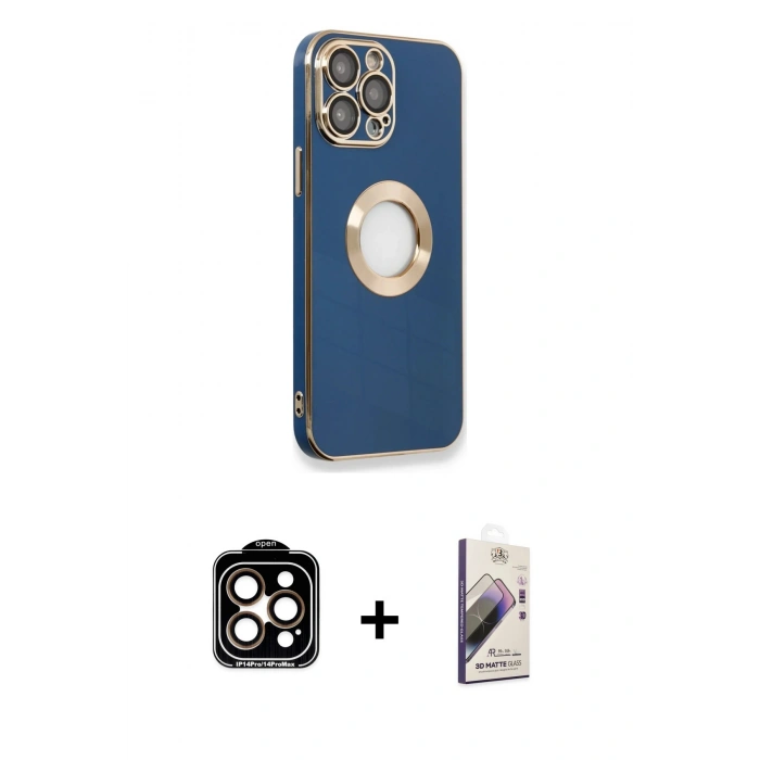 MARSİLYAN™- iPhone 14 Pro Max Kılıf İz Form Serisi - Siyah Bilvis 3D Mat Cam Ekran Koruyucu + PVD Metal Kamera Lens - TU