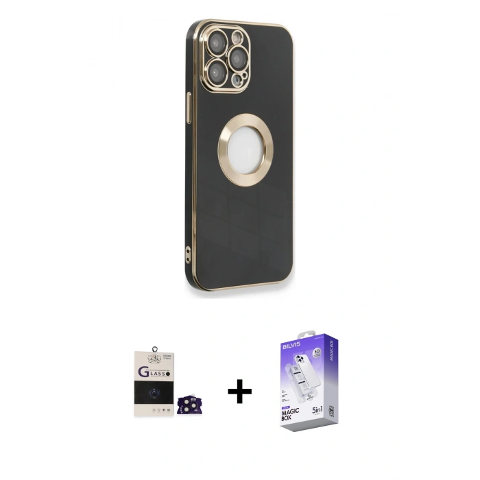 MARSİLYAN™- iPhone 14 Pro Max Kılıf İz Form Serisi - Siyah Bilvis 5in1 3D Magic Cam Ekran Koruyucu + Bilvis Titan Kamera Lens - DNMR
