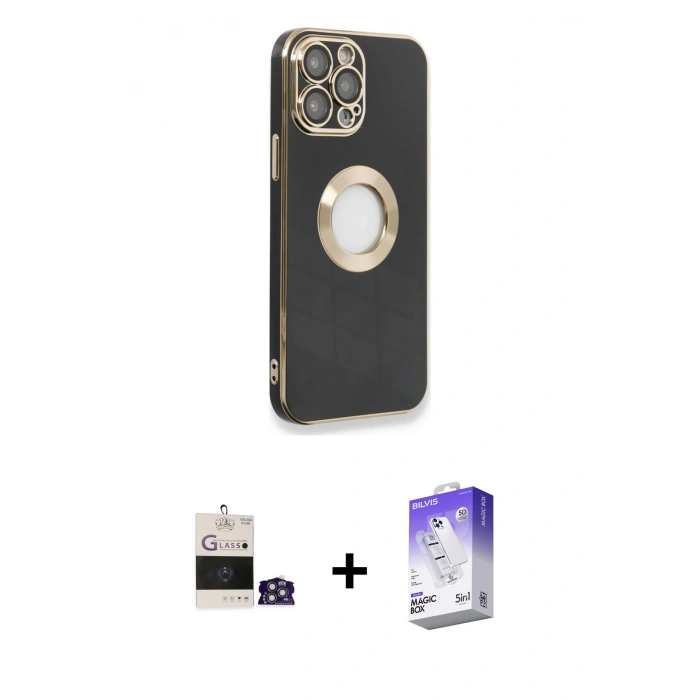 MARSİLYAN™- iPhone 14 Pro Max Kılıf İz Form Serisi - Siyah Bilvis 5in1 3D Magic Cam Ekran Koruyucu + Bilvis Titan Kamera Lens - GS