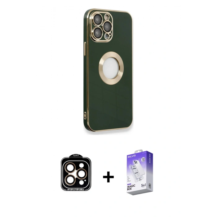 MARSİLYAN™- iPhone 14 Pro Max Kılıf İz Form Serisi - Siyah Bilvis 5in1 3D Magic Cam Ekran Koruyucu + PVD Metal Kamera Lens - TU
