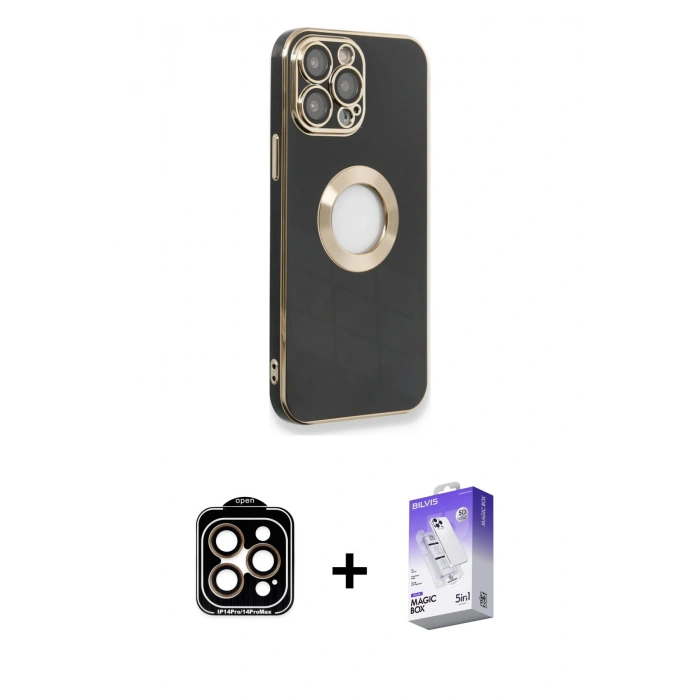 MARSİLYAN™- iPhone 14 Pro Max Kılıf İz Form Serisi - Siyah Bilvis 5in1 3D Magic Cam Ekran Koruyucu + PVD Metal Kamera Lens - TU