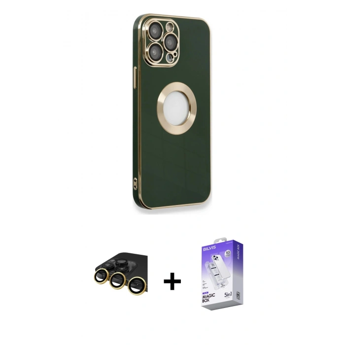 MARSİLYAN™- iPhone 14 Pro Max Kılıf İz Form Serisi - Siyah Bilvis 5in1 3D Magic Cam Ekran Koruyucu + Raze Metal Kamera Lens - GD