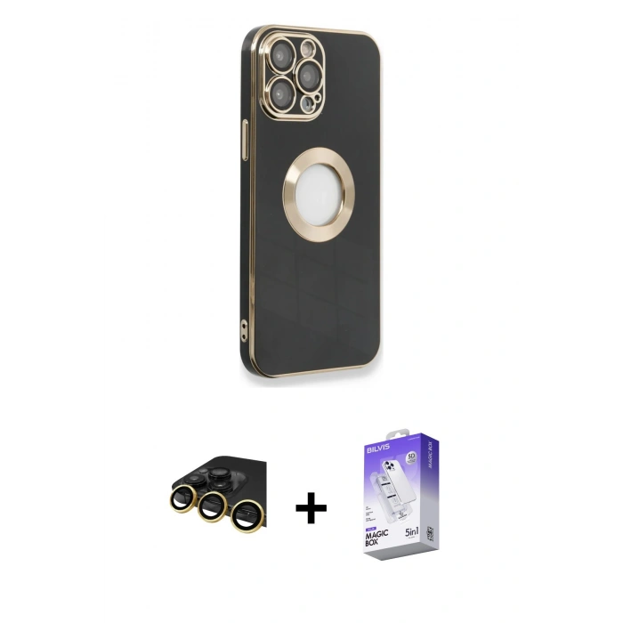MARSİLYAN™- iPhone 14 Pro Max Kılıf İz Form Serisi - Siyah Bilvis 5in1 3D Magic Cam Ekran Koruyucu + Raze Metal Kamera Lens - GD