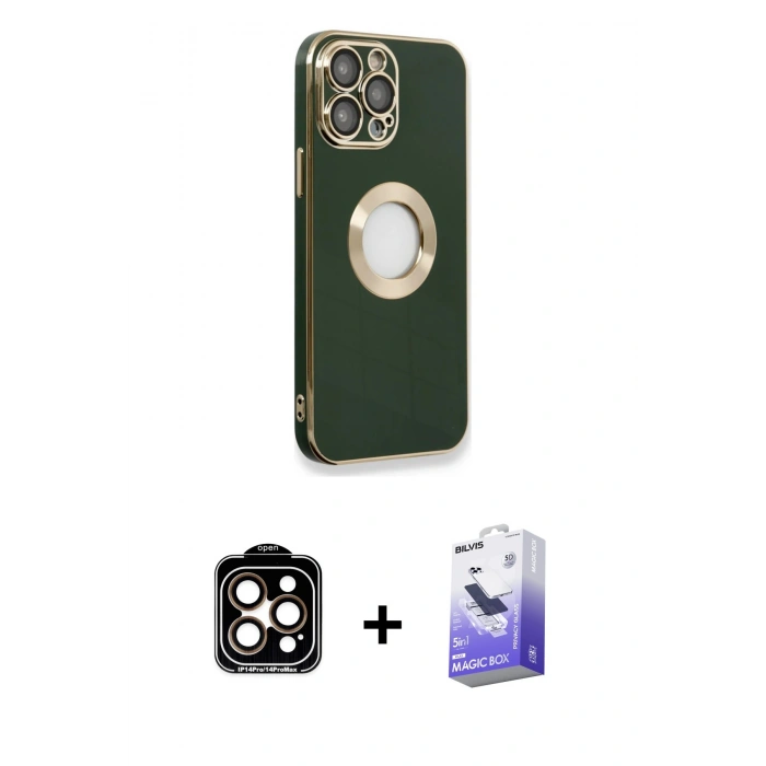 MARSİLYAN™- iPhone 14 Pro Max Kılıf İz Form Serisi - Siyah Bilvis 5in1 5D Magic Hayalet Cam Ekran Koruyucu + Turuncu PVD Metal Kamera Lens