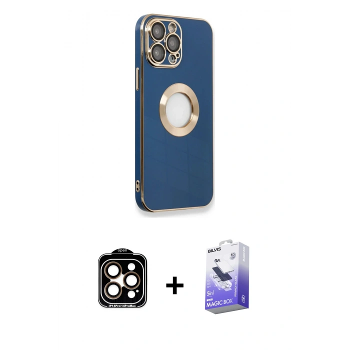 MARSİLYAN™- iPhone 14 Pro Max Kılıf İz Form Serisi - Siyah Bilvis 5in1 5D Magic Hayalet Cam Ekran Koruyucu + Turuncu PVD Metal Kamera Lens