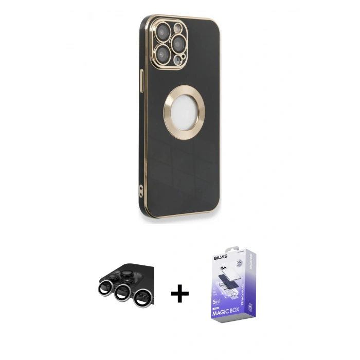 MARSİLYAN™- iPhone 14 Pro Max Kılıf İz Form Serisi - Siyah Bilvis 5in1 5D Magic Hayalet Cam Ekran Koruyucu + Raze Metal Kamera Lens - GS