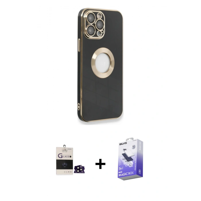 MARSİLYAN™- iPhone 14 Pro Max Kılıf İz Form Serisi - Siyah Bilvis 5in1 5D Magic Hayalet Cam Ekran Koruyucu + Bilvis Titan Kamera Lens - SH