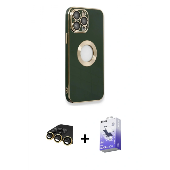 MARSİLYAN™- iPhone 14 Pro Max Kılıf İz Form Serisi - Siyah Bilvis 5in1 5D Magic Hayalet Cam Ekran Koruyucu + Raze Metal Kamera Lens - GD