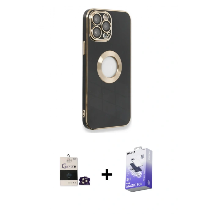 MARSİLYAN™- iPhone 14 Pro Max Kılıf İz Form Serisi - Siyah Bilvis 5in1 5D Magic Hayalet Cam Ekran Koruyucu + Bilvis Titan Kamera Lens - GD